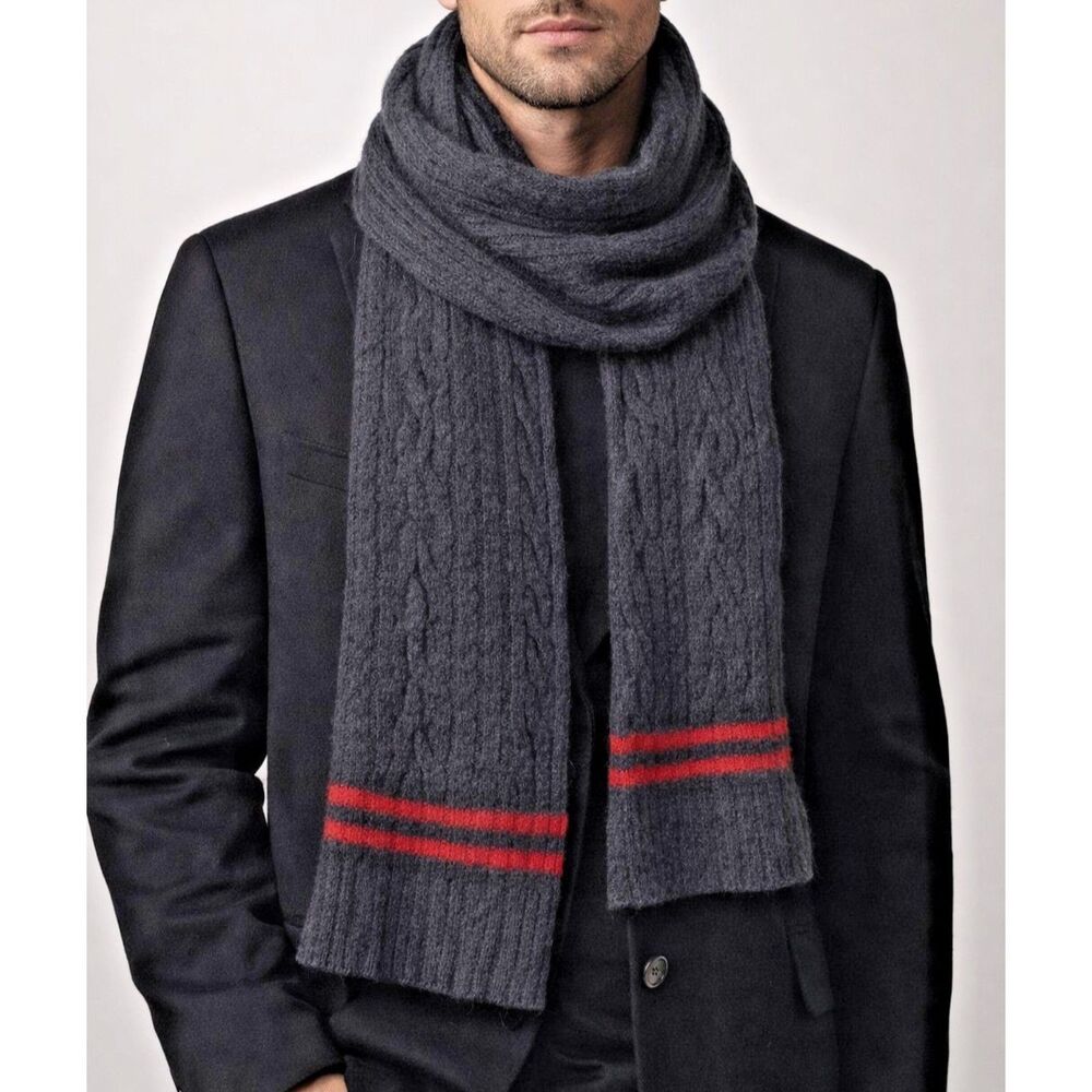 Cole Haan 100% Lambswool Cable Knit Gray Red Scarf Cozy Soft Classic Old Money